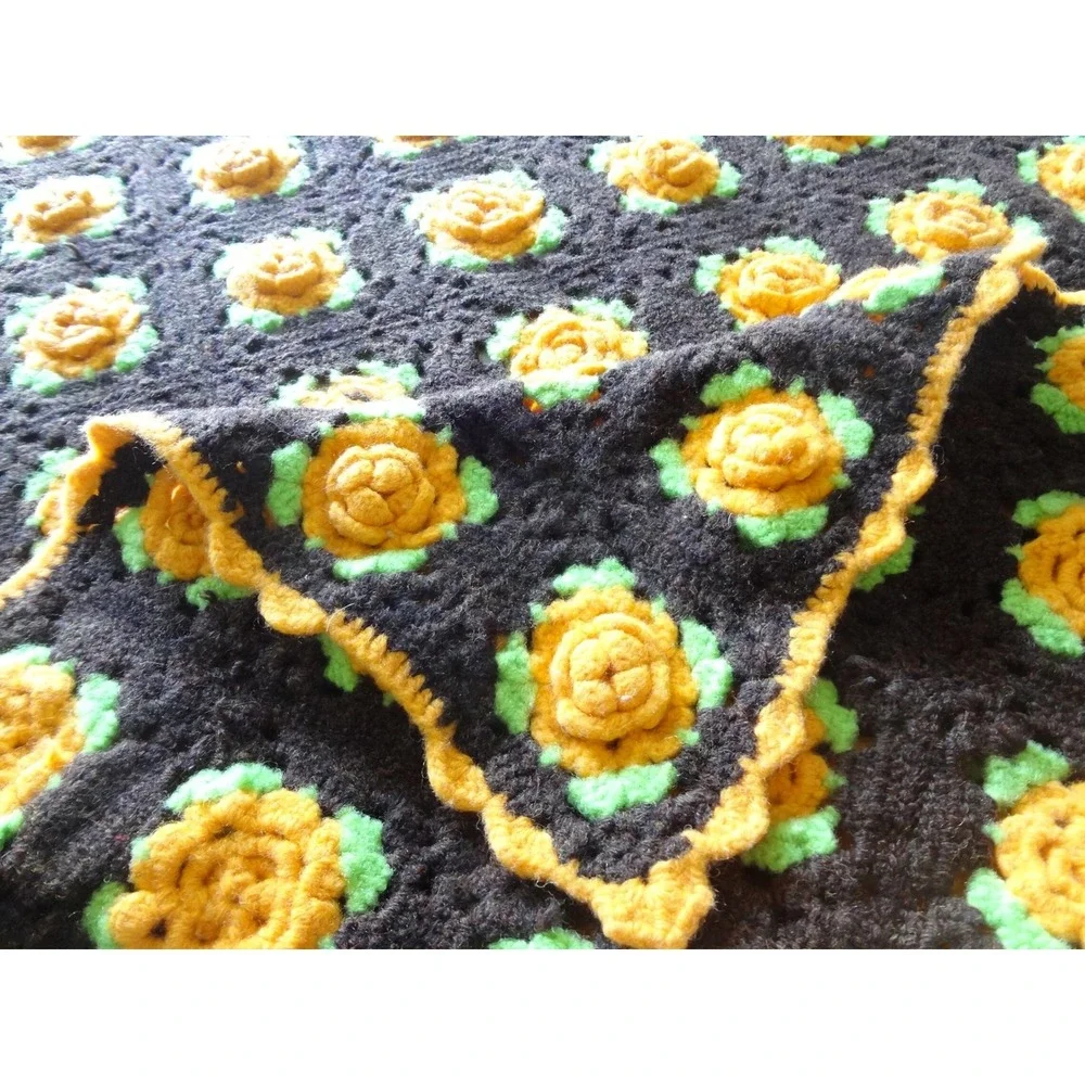 Crochet Blanket/Throw Brown Yellow Raised 3D Flowers Retro Afghan